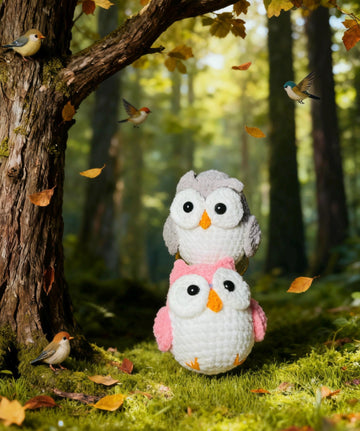 Handmade Owl Crochet Plush-Colorful Amigurumi Owl| Pink&Grey Cute Collectible Animal Doll Gift|Custom Crochet Figurine|Mom-and-daughter made