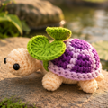 Purple sprout crochet turtle with lavender shell details, cream body, and green leaves, shown from six angles