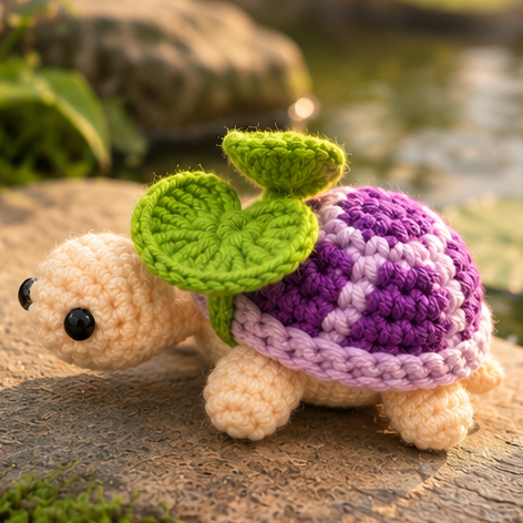 Purple sprout crochet turtle with lavender shell details, cream body, and green leaves, shown from six angles