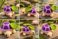 Purple sprout crochet turtle with lavender shell details, cream body, and green leaves, shown from six angles