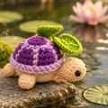 Purple sprout crochet turtle with lavender shell details, cream body, and green leaves, shown from six angles