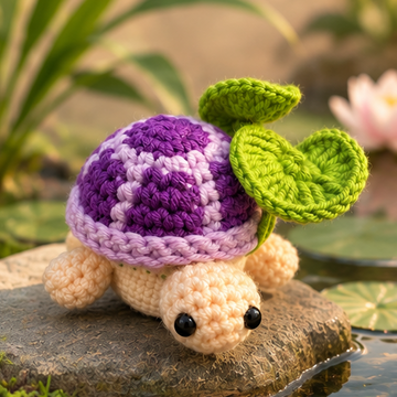 Purple sprout crochet turtle with lavender shell details, cream body, and green leaves, shown from six angles