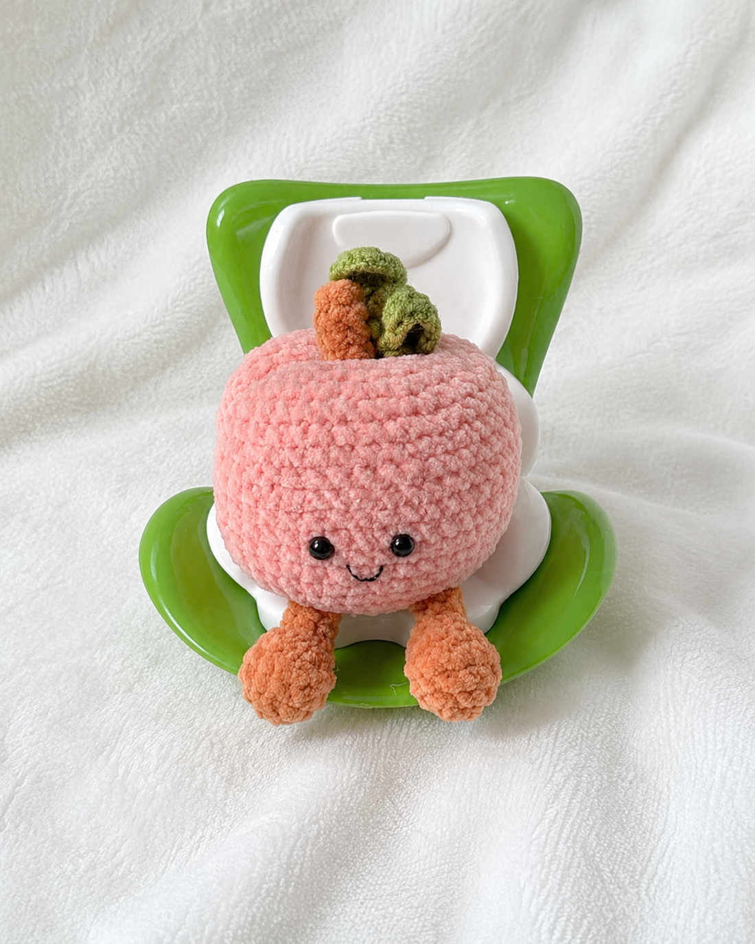 Handmade Crochet Peach Stuffed Animal Pink Green Leaf