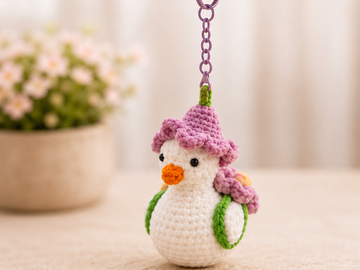 Flower Goose Crochet Keychain – Handmade Amigurumi Bag Charm