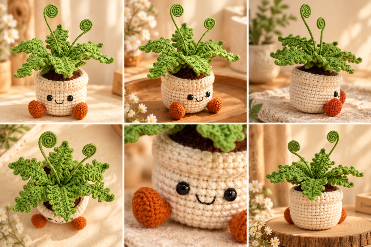 Collage showing a green crochet fern with curled stems in a smiling cream pot with orange feet