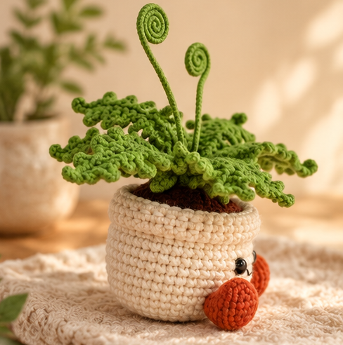 Collage showing a green crochet fern with curled stems in a smiling cream pot with orange feet