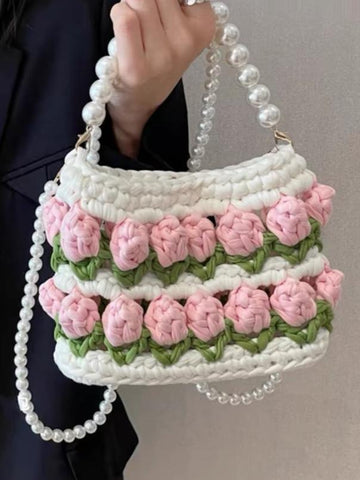 Fairy Tulip Hand-Woven Bag with  Pearl Hand Crossbody Bag