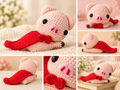 Front, side, back, and close-up views of a pink crochet pig plush with a red cape and bow