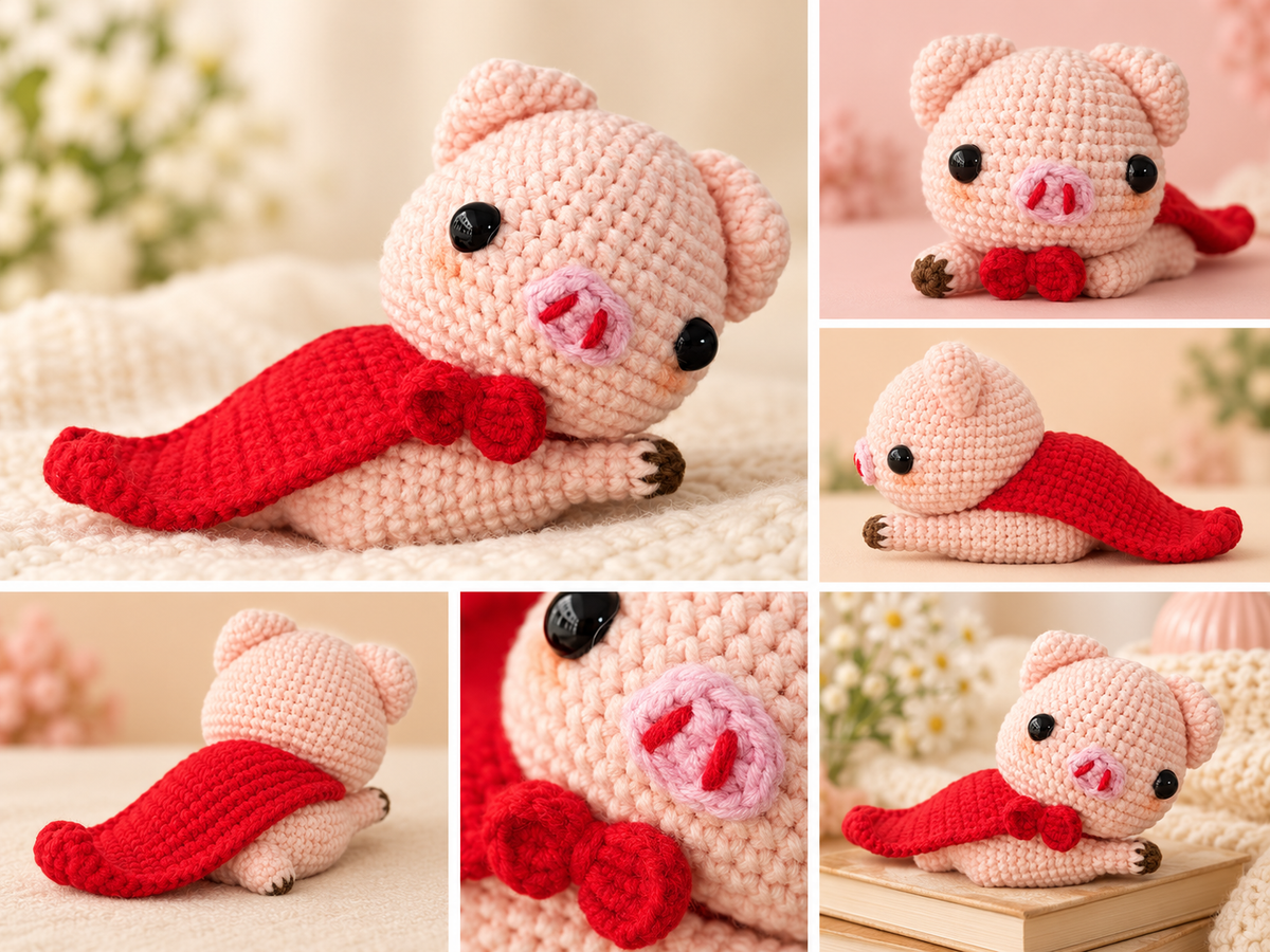 Front, side, back, and close-up views of a pink crochet pig plush with a red cape and bow