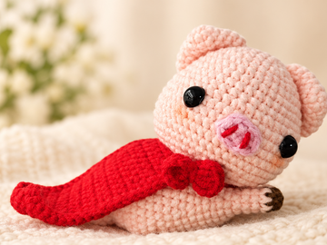 Crochet Pig Plush with Red Cape & Bow