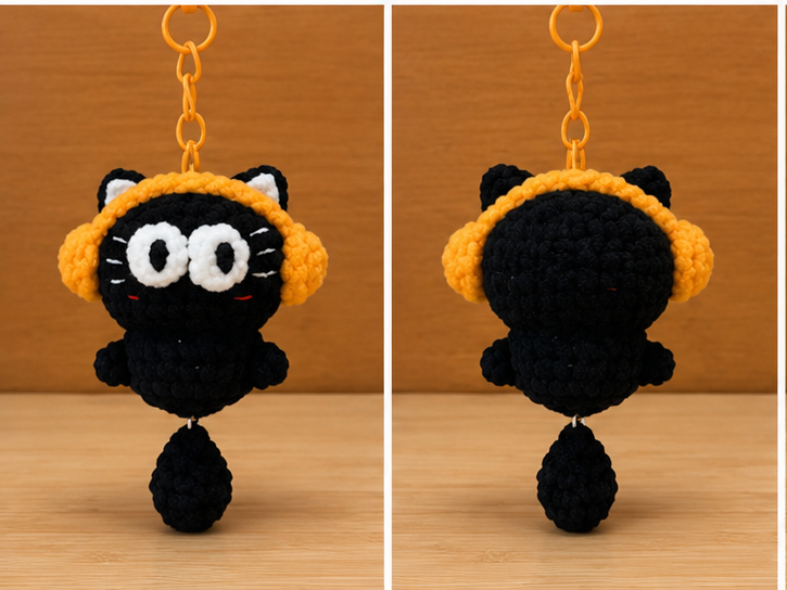 Crochet Black Cat Keychain with Headphones