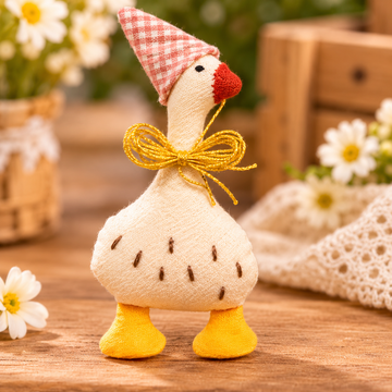 Handmade Goose Plush Brooch & Bag Charm with Gingham Hat