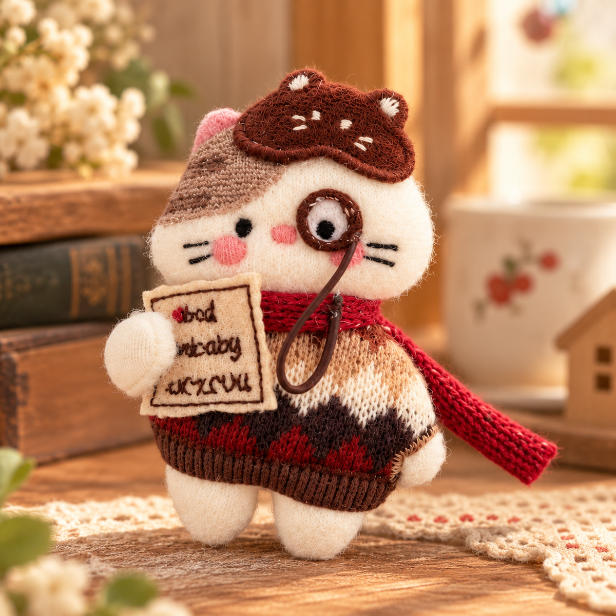 Handcrafted bookish cat plush brooch with embroidered whiskers, red scarf, patterned outfit, and decorative monocle