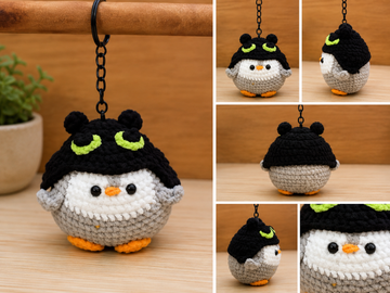 Crochet Penguin in Black Bear Hat Keychain