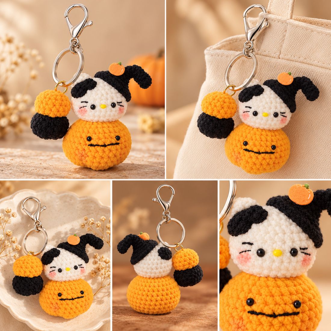 Crochet Halloween Cat & Pumpkin Keychain