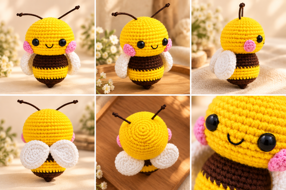 Smiling yellow and brown crochet bee with white wings, pink cheeks, and antennae, shown from multiple angles.