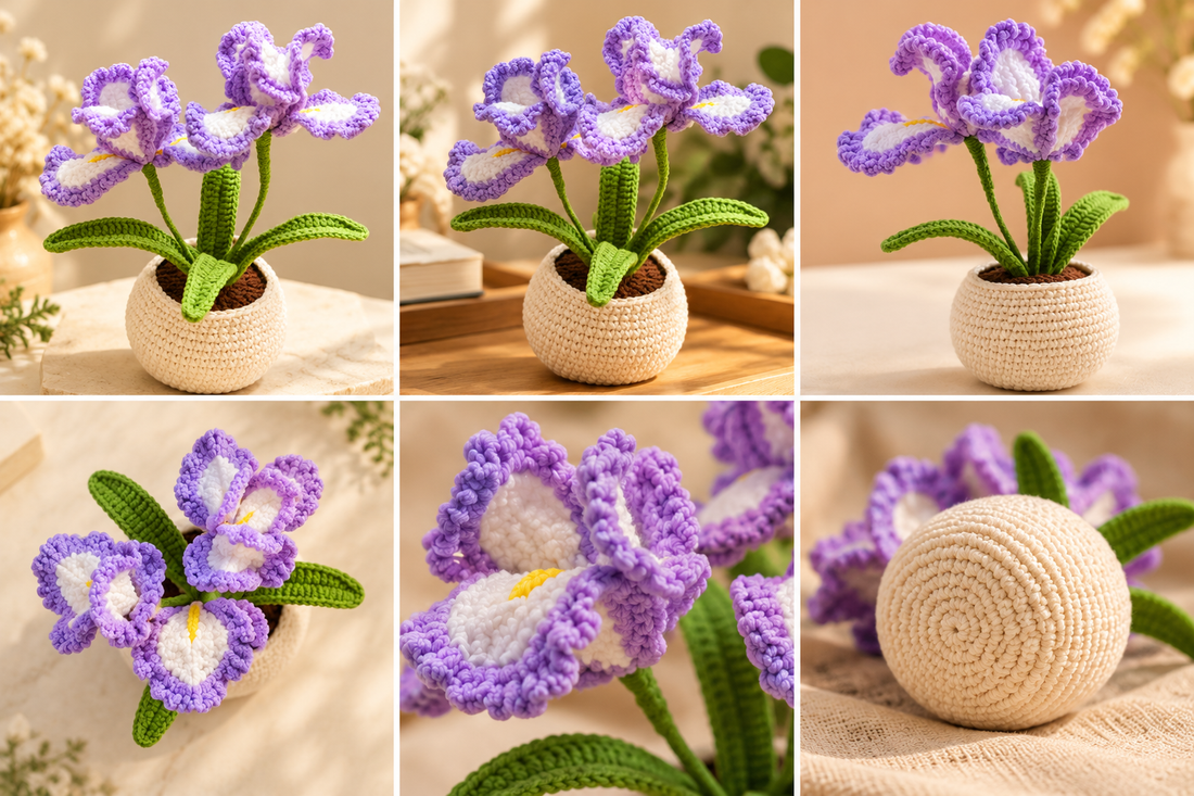 Purple and white crochet iris flowers with green leaves in a cream crochet pot, shown from multiple angles.