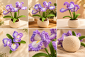 Purple and white crochet iris flowers with green leaves in a cream crochet pot, shown from multiple angles.
