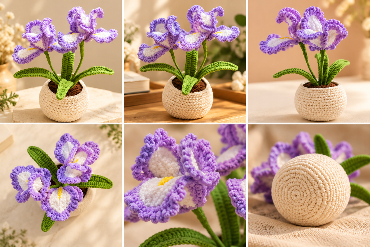 Purple and white crochet iris flowers with green leaves in a cream crochet pot, shown from multiple angles.