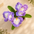 Purple and white crochet iris flowers with green leaves in a cream crochet pot, shown from multiple angles.