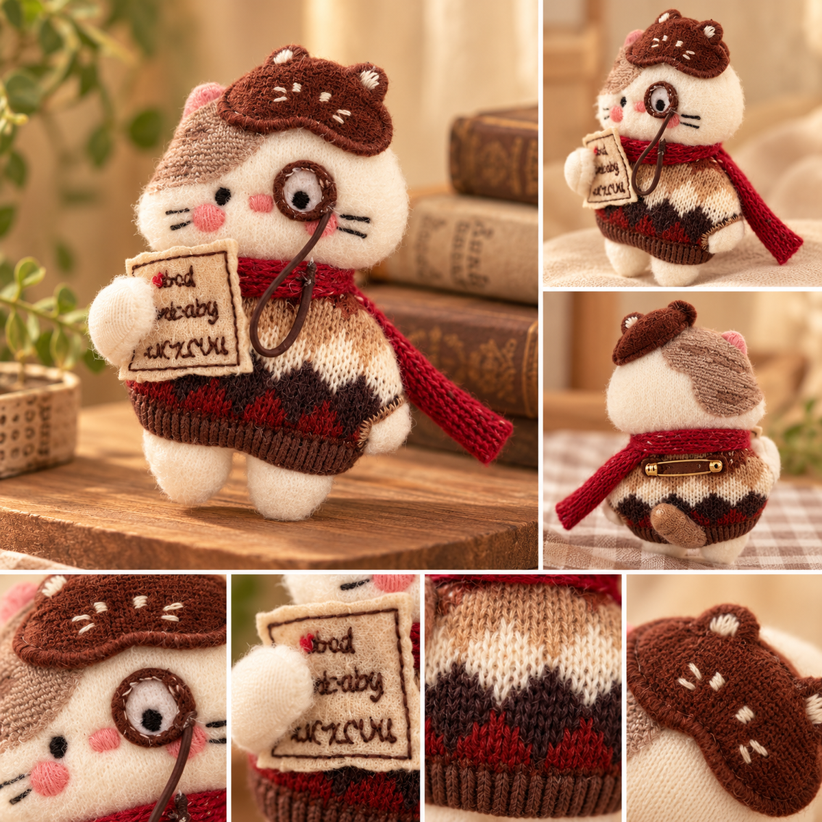Cat plush brooch collage showing front and back views, reverse pin fastening, and embroidered detail close-ups
