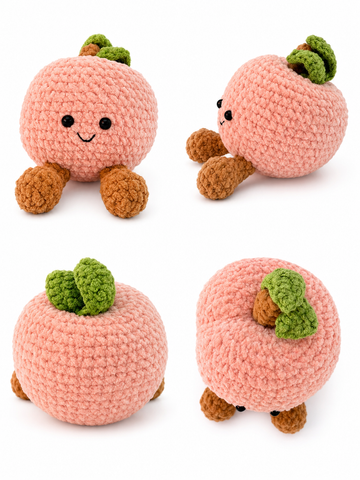 Handmade Crochet Peach Stuffed Animal Pink Green Leaf