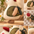 Animal plush brooch detail collage showing embroidery, miniature backpack, stitched feet, and reverse pin fastening