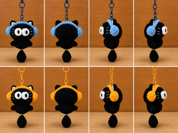 Crochet Black Cat Keychain with Headphones