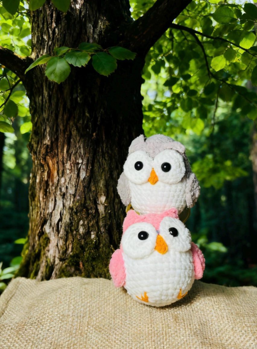 Handmade Owl Crochet Plush-Colorful Amigurumi Owl| Pink&Grey Cute Collectible Animal Doll Gift|Custom Crochet Figurine|Mom-and-daughter made