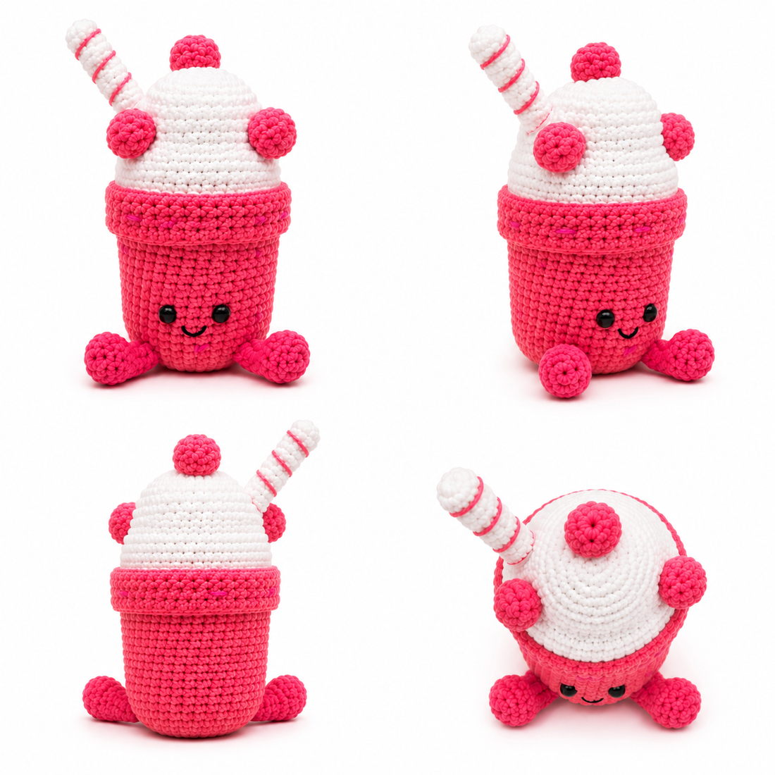 Pink Berry Milkshake Crochet Plush – Handmade Kawaii Amigurumi Drink Plushie🥤