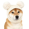 Dog wearing a cream knitted hood with two pom-poms