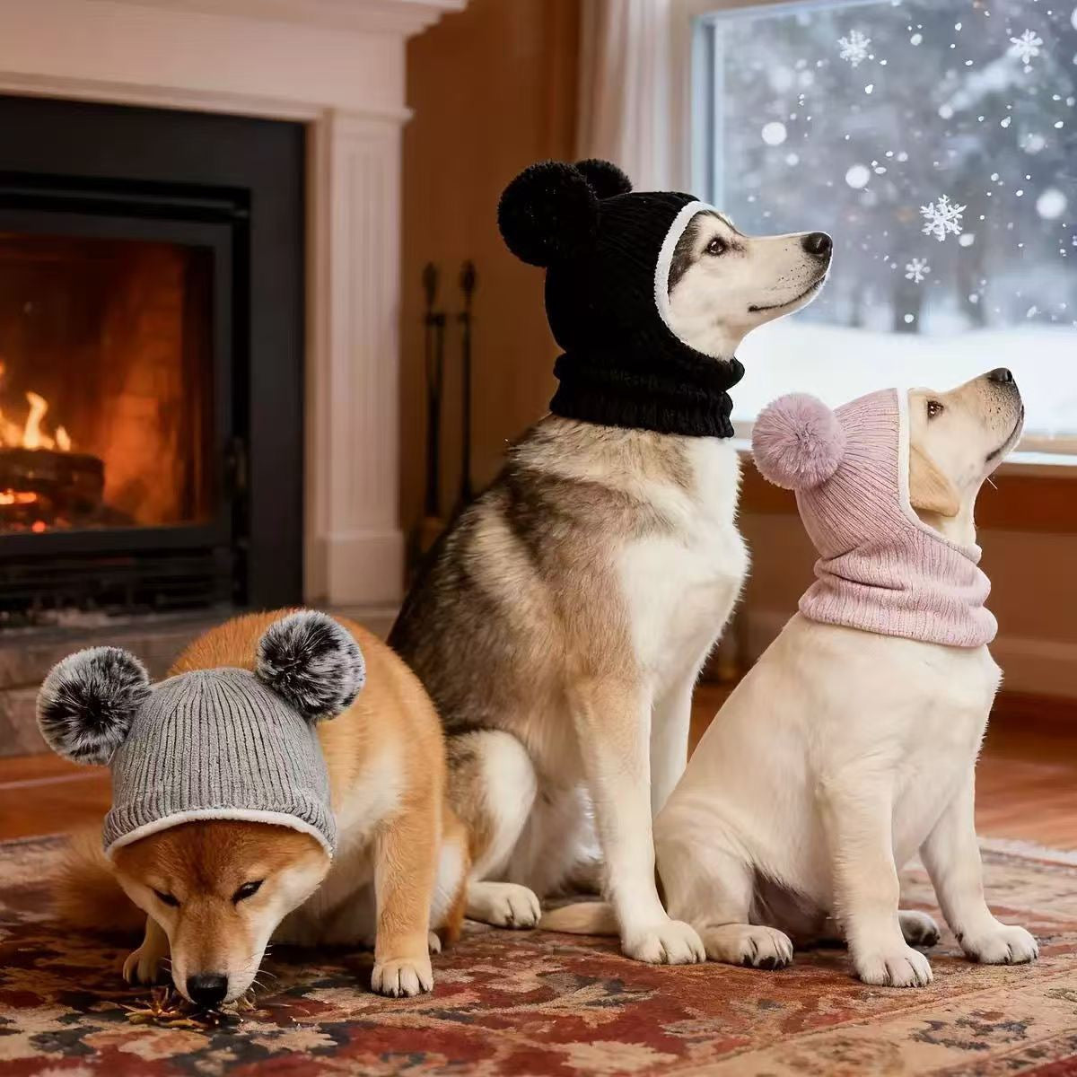 Dogs wearing grey, black, and pink knitted pom-pom hoods