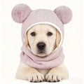 Dog wearing a pink knitted hood with two pom-poms