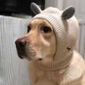 Side view of a dog wearing a cream knitted hood with gray animal ears.