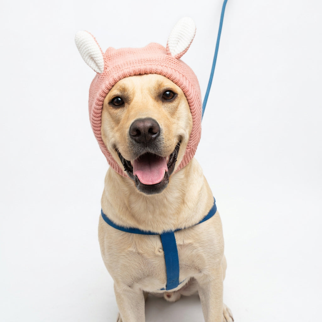Dog wearing a pink knitted animal ear hood indoors.