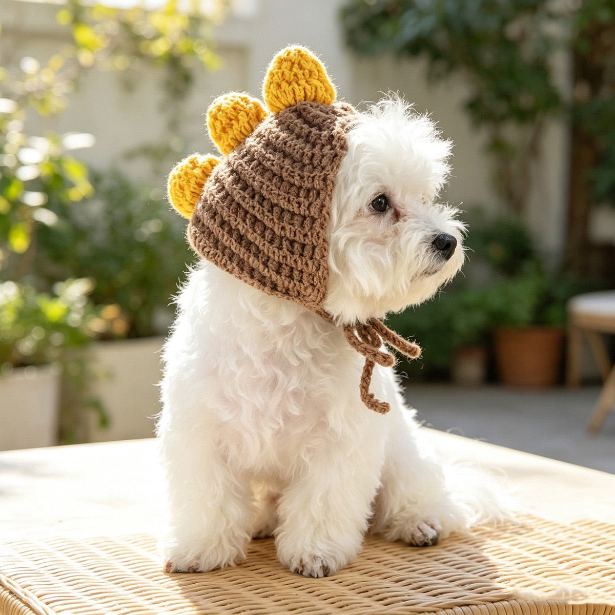 White dog wearing a brown dinosaur hat with yellow spikes.