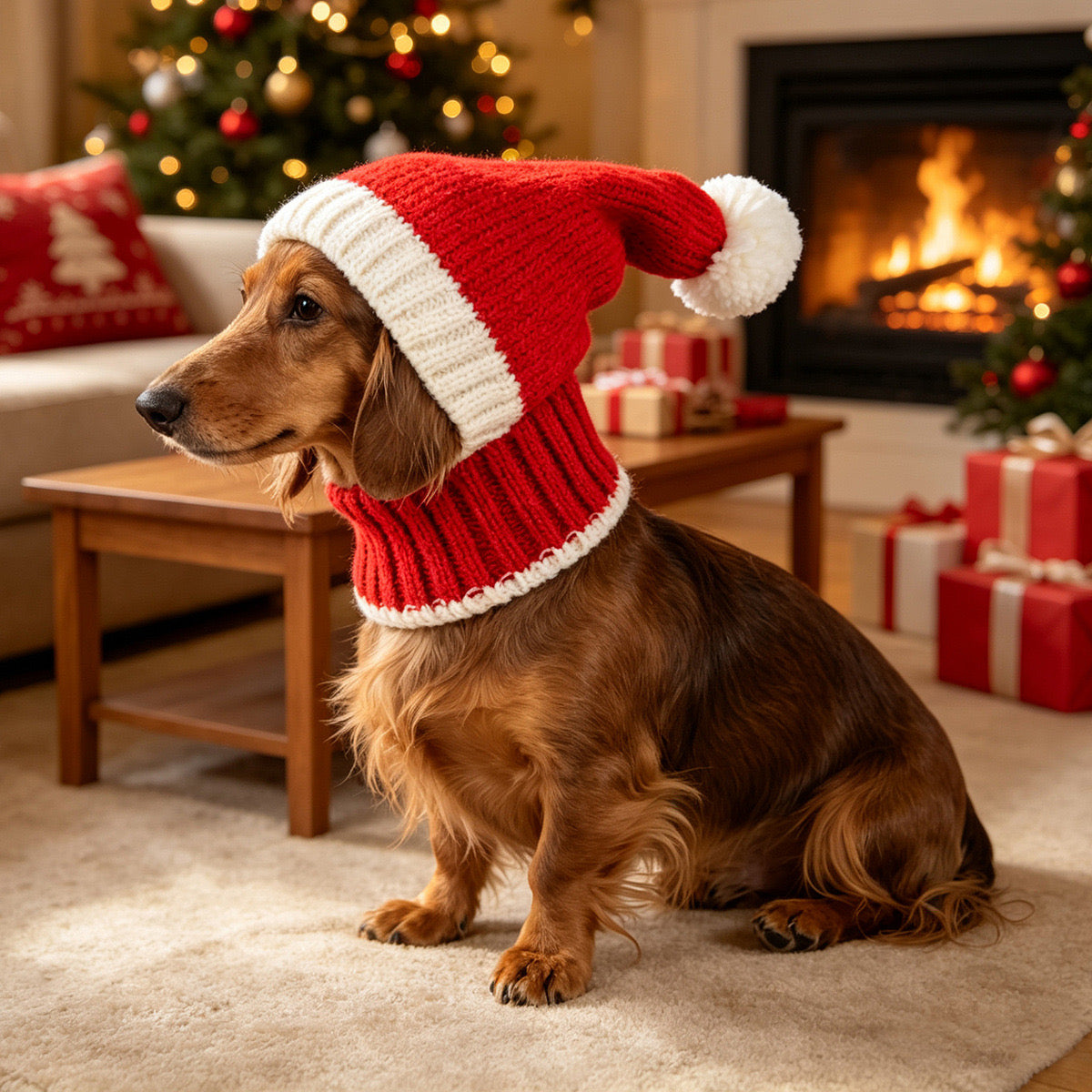 Dog wearing a handmade red and white knitted Christmas Santa hat with ribbed neck coverage.