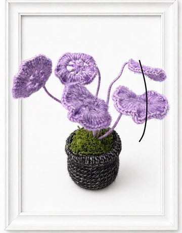Handmade Crocheted Artificial Purple Flower Arrangement, Black Pot w/ Green Moss