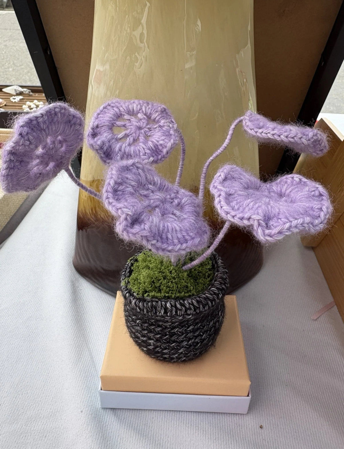Handmade Crocheted Artificial Purple Flower Arrangement, Black Pot w/ Green Moss