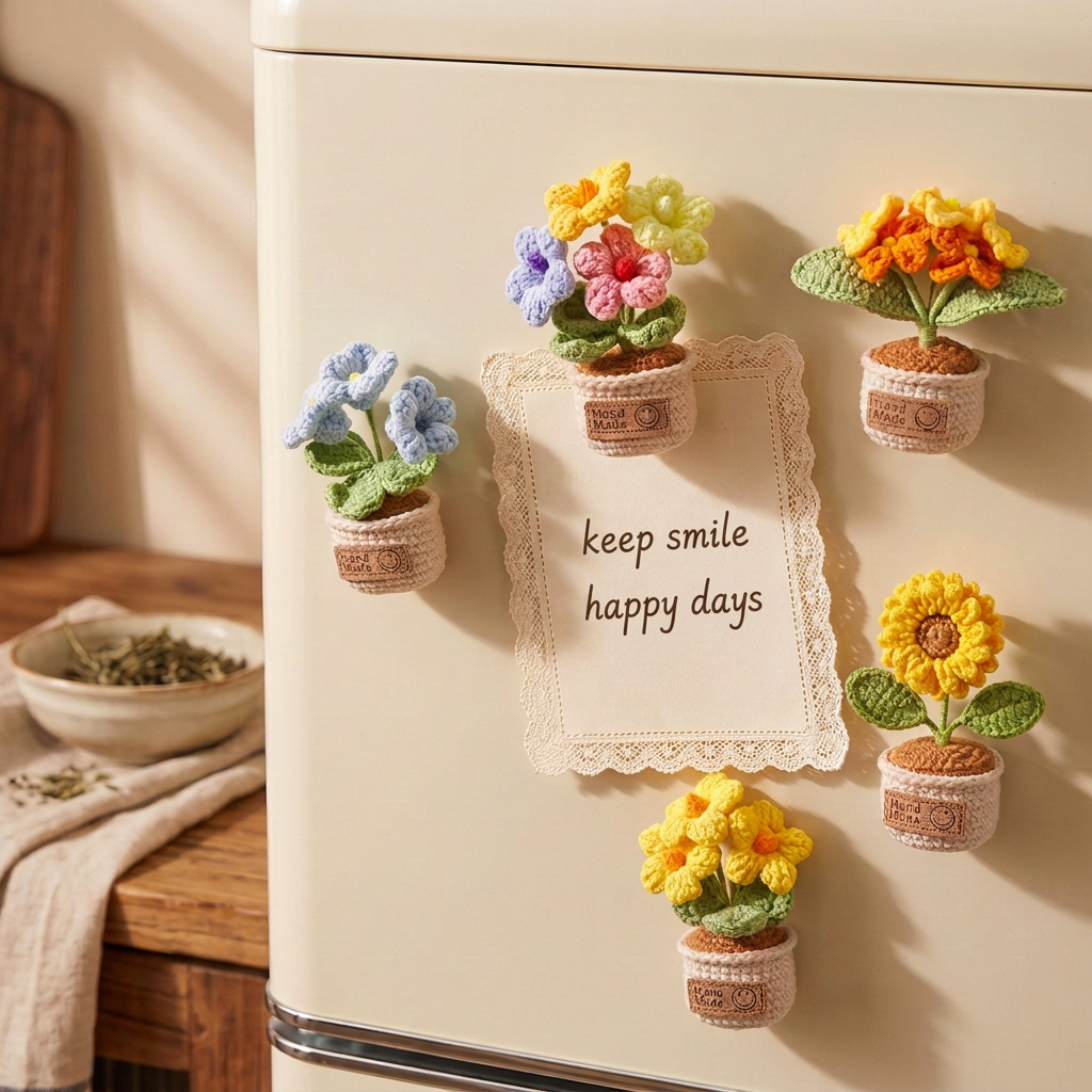 Crochet potted flower fridge magnets arranged around a keep smile happy days note.