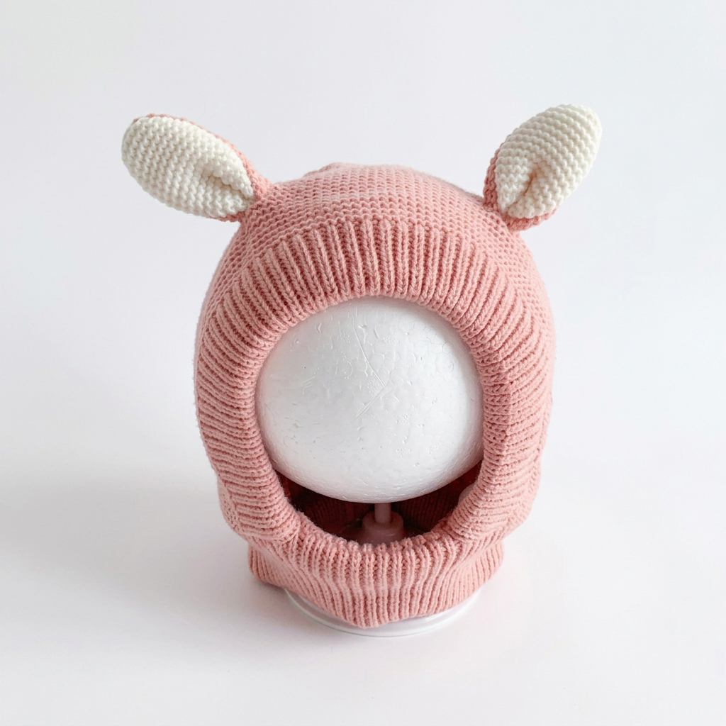 Pink knitted animal ear dog hood on a clean white background.
