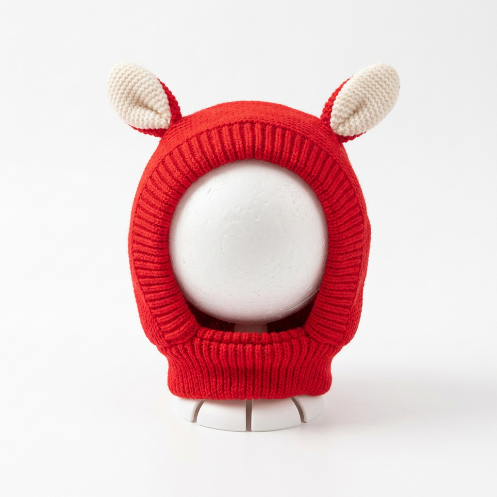 Red knitted animal ear dog hood on a clean white background.